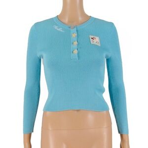Herlain Baby Blue Floral Quarter Button Long Sleeve Knit Top